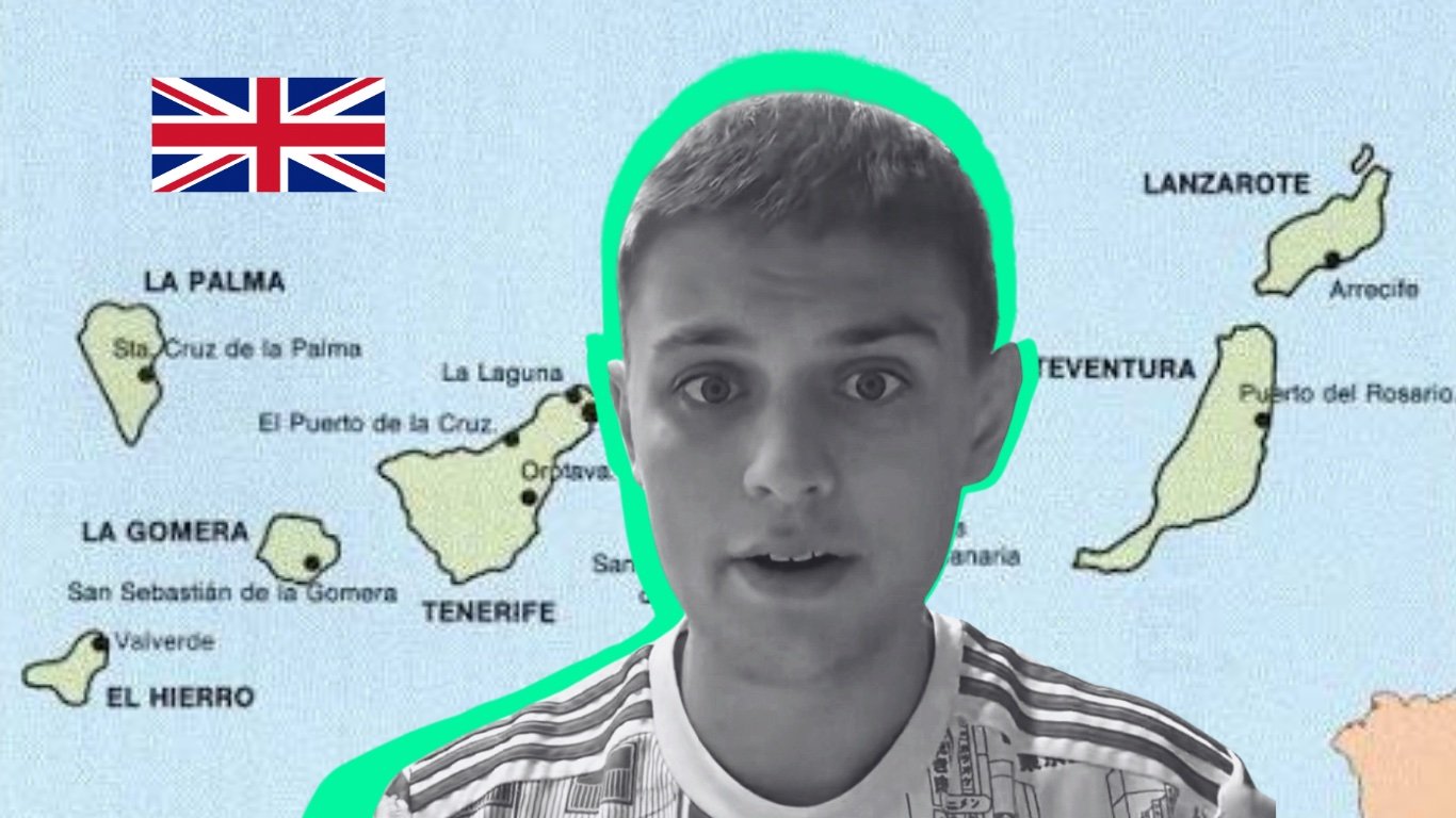 Montaje de La Local: el creador de contenido británico Max Jeffery, recortado con un perfilado verde, sobre un mapa de las islas Canarias con una bandera del Reino Unido