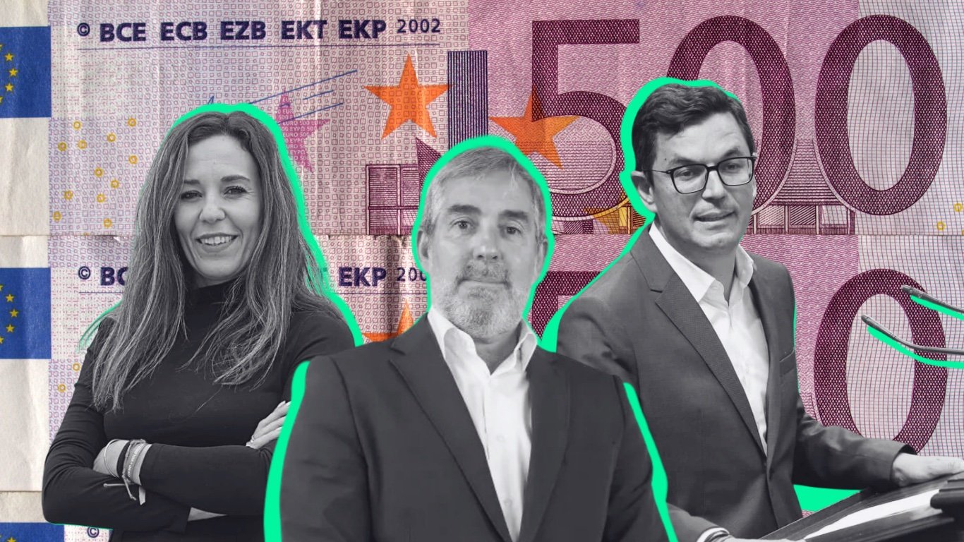 Montaje de La Local: Fernando Clavijo, Jessica de León y Pablo Rodríguez, recortados con un perfilado verde, sobre un billete de 500 euros